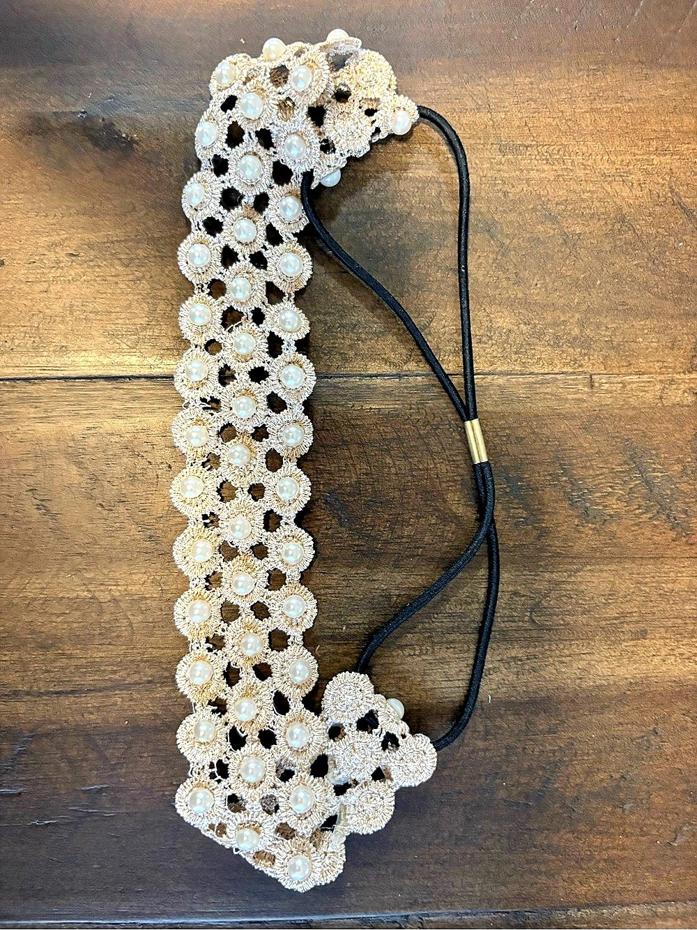 Pearl Embellished Gold-Tone Taupe Elastic Headband  (NWOT)